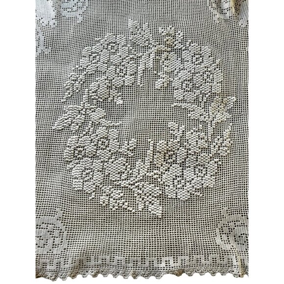 Handcrafted Crochet Tablecloth 36"x32" With Raised Wreath Design & Tatted Edges - Picture 10 of 15